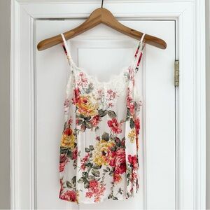 Rose print lace trim cami